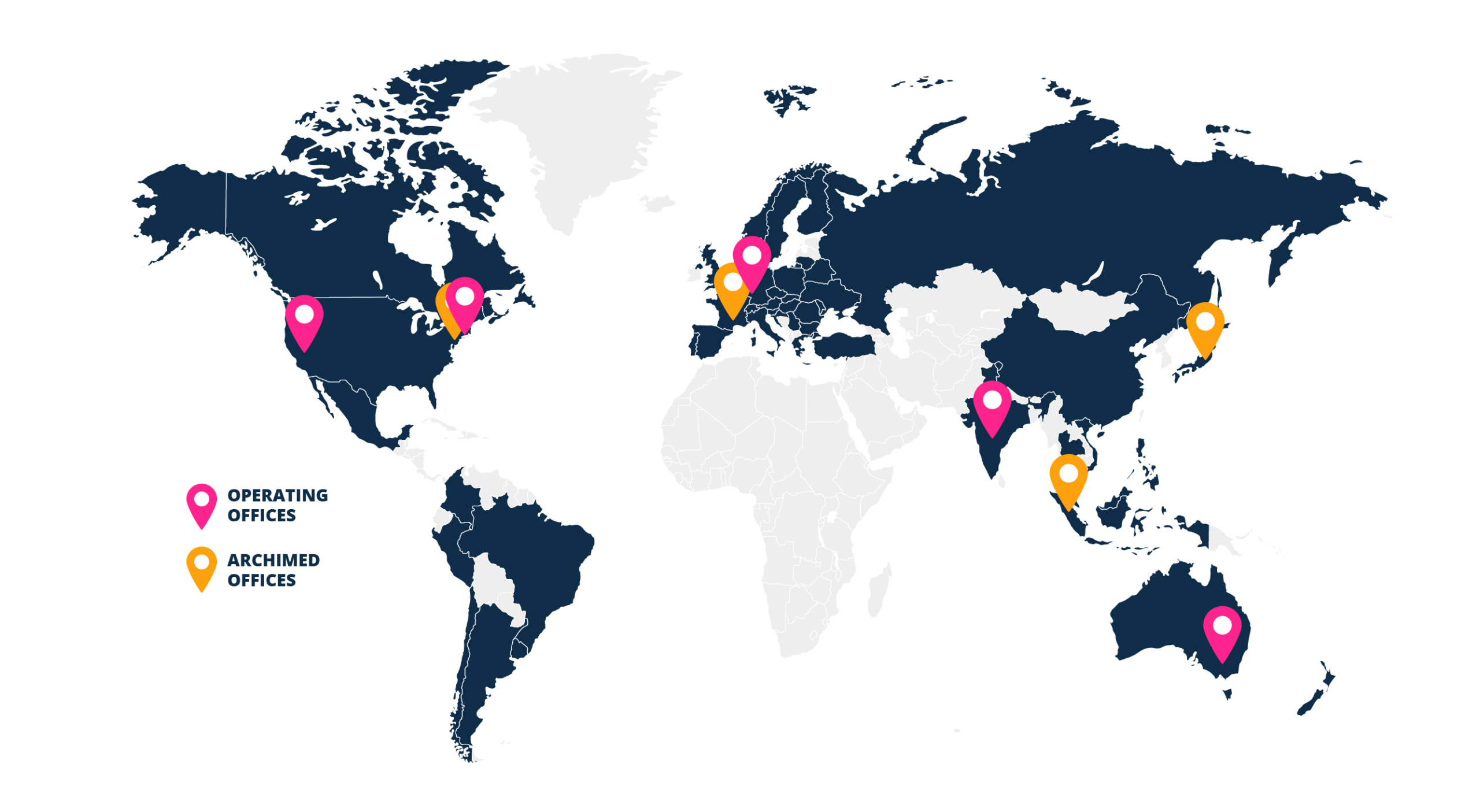 World map showing the global presence of Archimed, with pink pins marking Operating Offices and orange pins marking Archimed Offices across North America, Europe, South Asia, Southeast Asia, East Asia, and Australia.